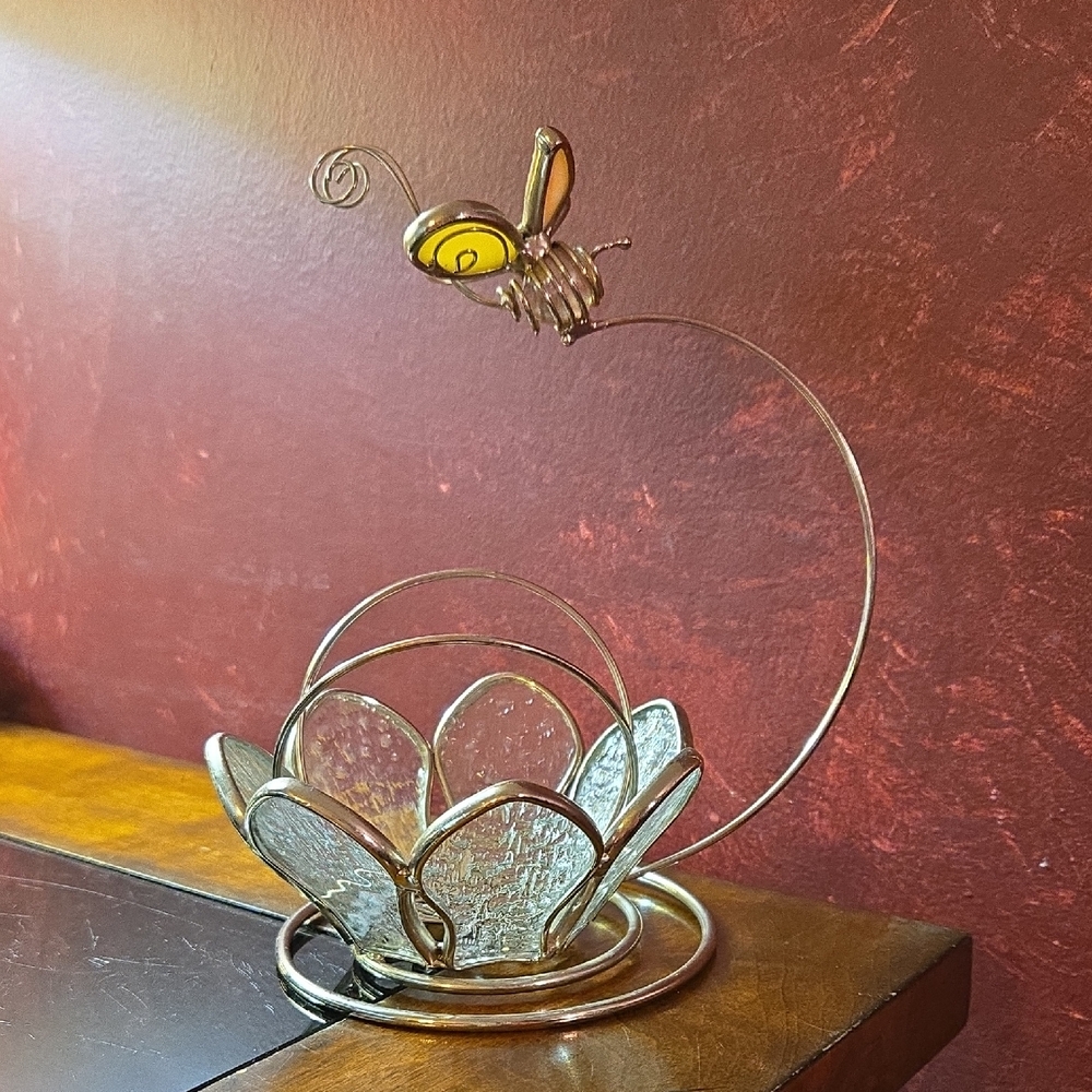 Vintage Pewter/Stained Glass Flower w/Candy/Candle Basket